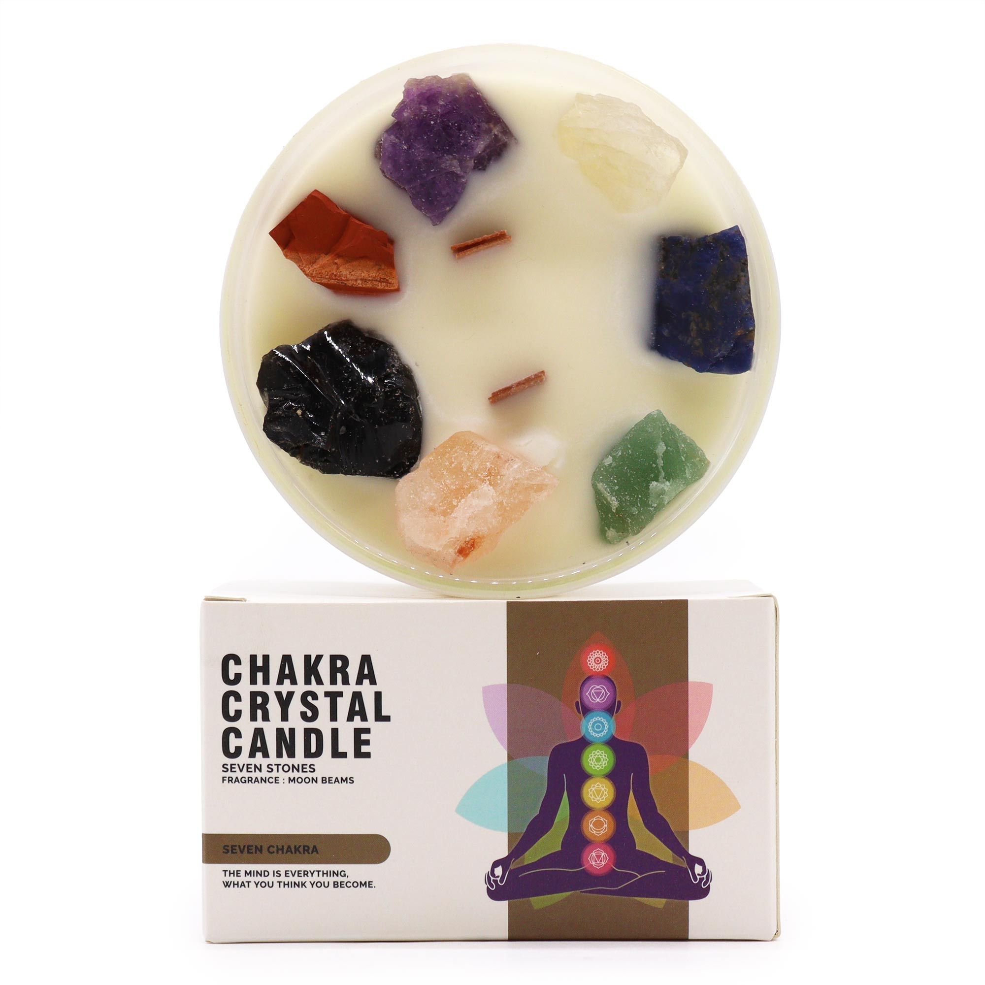 Velas de cristal Siete Chakras vista desde arriba con caja