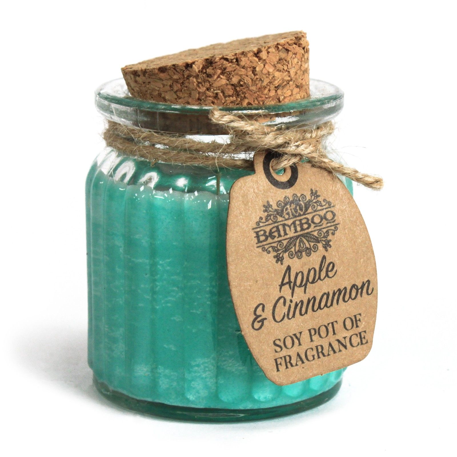 Vela aromática de soja Manzana y Canela en tarrina de cristal y tapa de corcho etiqueta de cartón reciclado