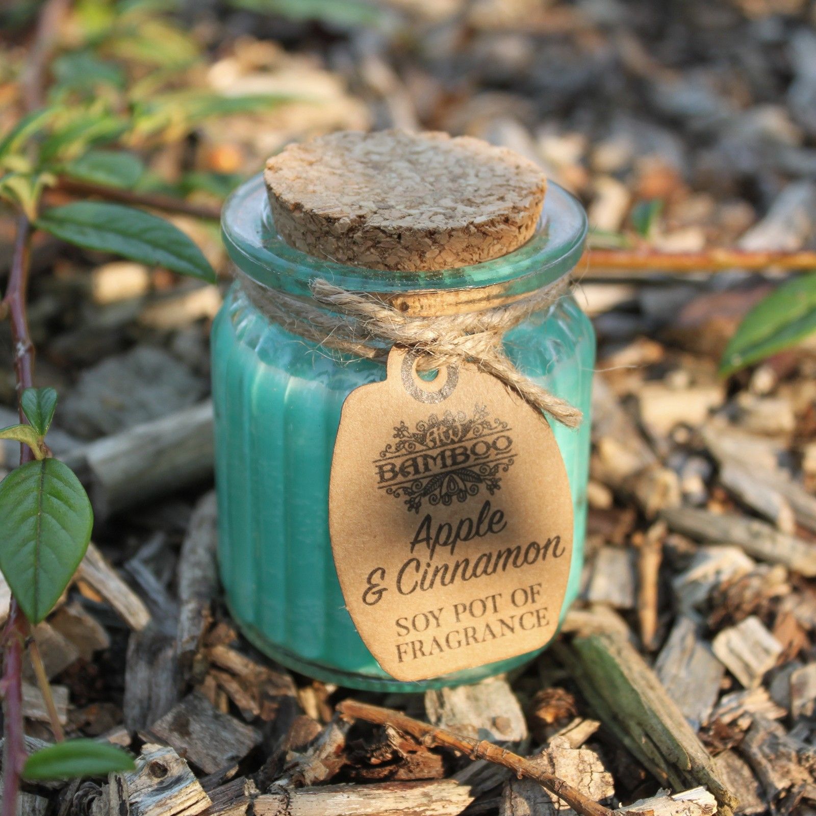 Vela aromática de soja Manzana y Canela en tarrina de cristal y tapa de corcho etiqueta de cartón reciclado fondo natural