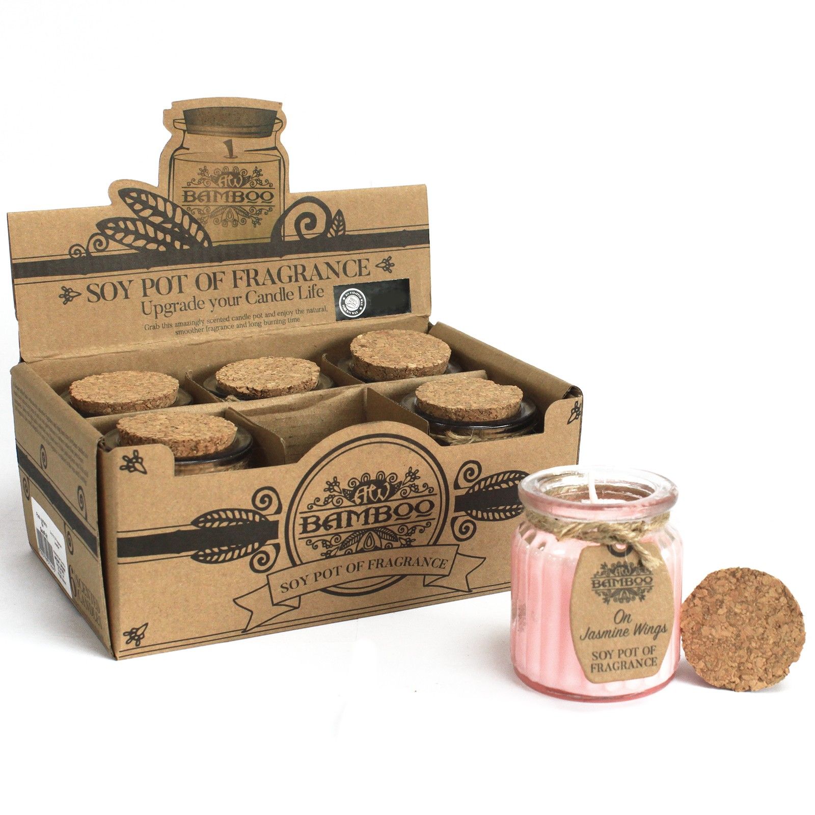 Caja con seis velas aromáticas de soja en tarrinas de vidrio y tapas de corcho En Alas de Jazmín