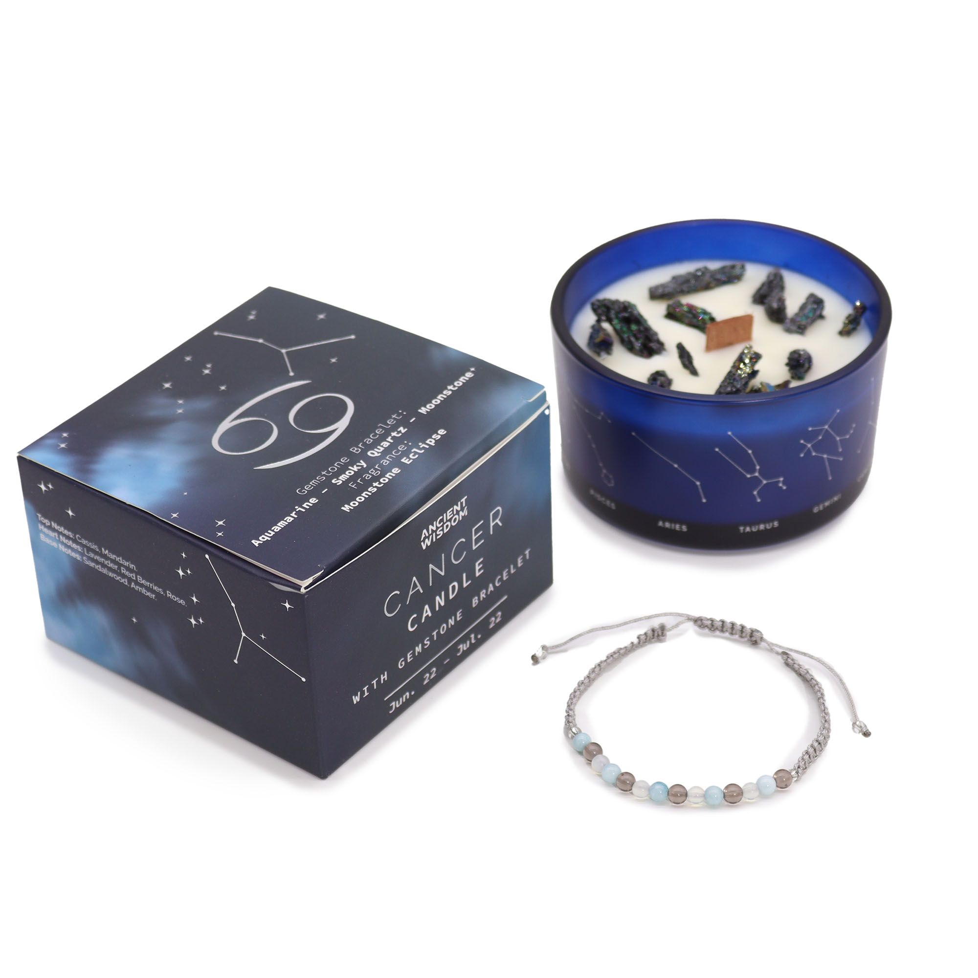 Vela del signo Cancer con su caja y pulsera de piedras