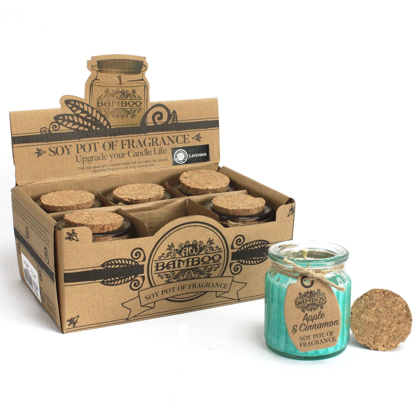 Caja con seis velas aromáticas de soja en tarrinas de vidrio y tapas de corcho Manzana y Canela